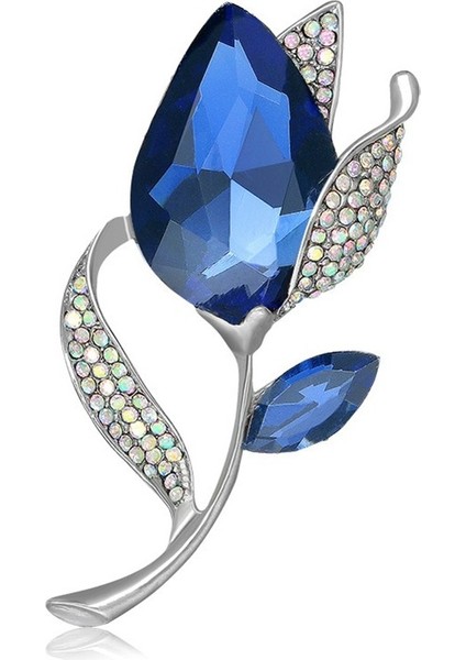 Mavi Elmas Görünümlü Kristal Çiçek Broş & Yaka Iğnesi