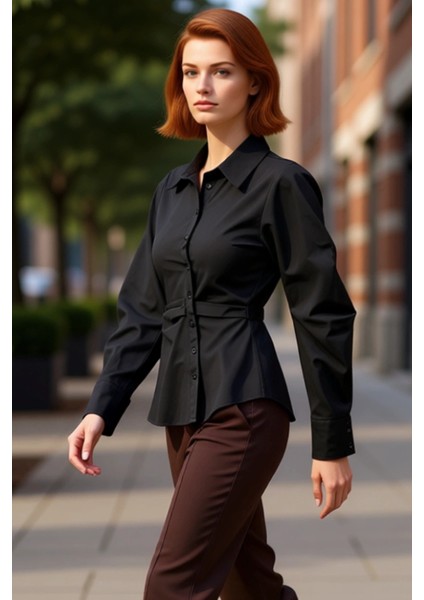 Kadın Çizgili Balon Kol Asimetrik Kesim Dokuma Gömlek Modern Görünümlerin Vazgeçilmezi Şık