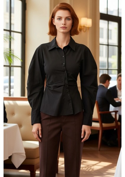 Kadın Çizgili Balon Kol Asimetrik Kesim Dokuma Gömlek Modern Görünümlerin Vazgeçilmezi Şık fiyatları