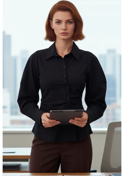 Kadın Çizgili Balon Kol Asimetrik Kesim Dokuma Gömlek Modern Görünümlerin Vazgeçilmezi Şık modelleri