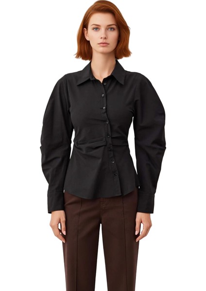 Kadın Çizgili Balon Kol Asimetrik Kesim Dokuma Gömlek Modern Görünümlerin Vazgeçilmezi Şık fırsatları