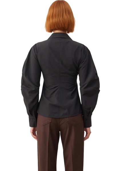 Kadın Çizgili Balon Kol Asimetrik Kesim Dokuma Gömlek Modern Görünümlerin Vazgeçilmezi Şık indirimleri