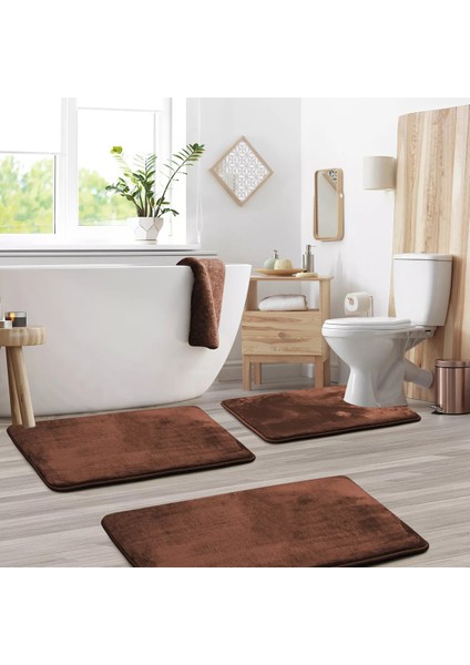 3'lü Banyo Paspas Seti Klozet Önü Peluş Yumuşacık Yıkanabilir Kahverengi (50X80-40X60-40X50)