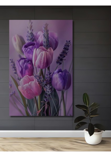 Mor Lale ve Lavanta Buketi Yağlı Boya Görünümlü Dekoratif Ahşap Tablo Dikdörtgen Tablo