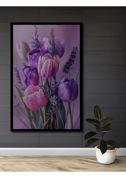 Mor Lale ve Lavanta Buketi Yağlı Boya Görünümlü Dekoratif Ahşap Tablo Dikdörtgen Tablo fiyatları