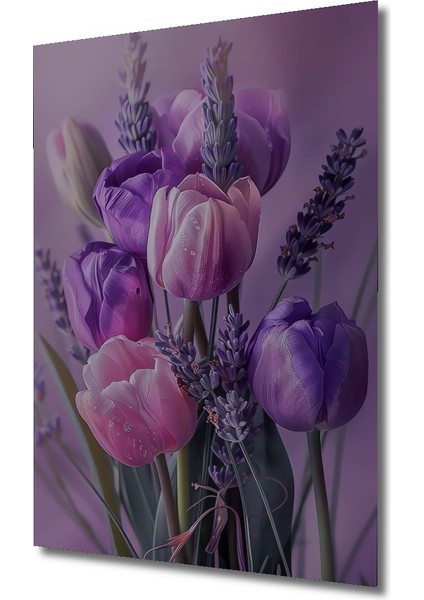 Mor Lale ve Lavanta Buketi Yağlı Boya Görünümlü Dekoratif Ahşap Tablo Dikdörtgen Tablo modelleri