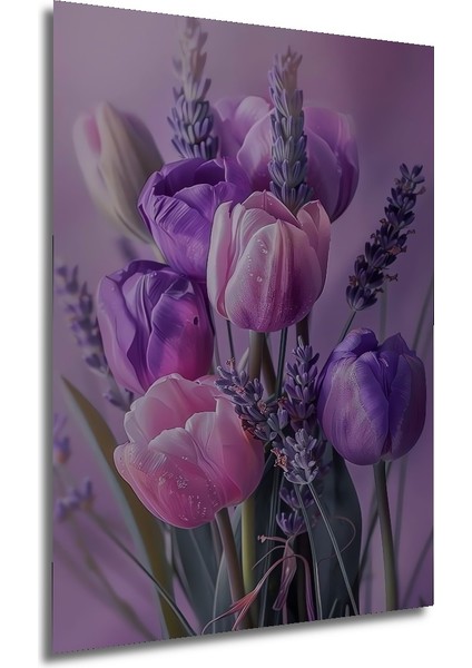 Mor Lale ve Lavanta Buketi Yağlı Boya Görünümlü Dekoratif Ahşap Tablo Dikdörtgen Tablo fırsatları