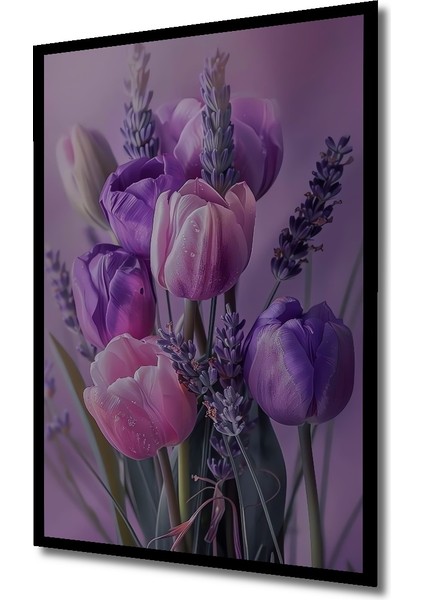 Mor Lale ve Lavanta Buketi Yağlı Boya Görünümlü Dekoratif Ahşap Tablo Dikdörtgen Tablo indirimleri