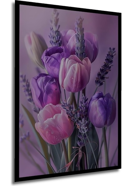 Mor Lale ve Lavanta Buketi Yağlı Boya Görünümlü Dekoratif Ahşap Tablo Dikdörtgen Tablo