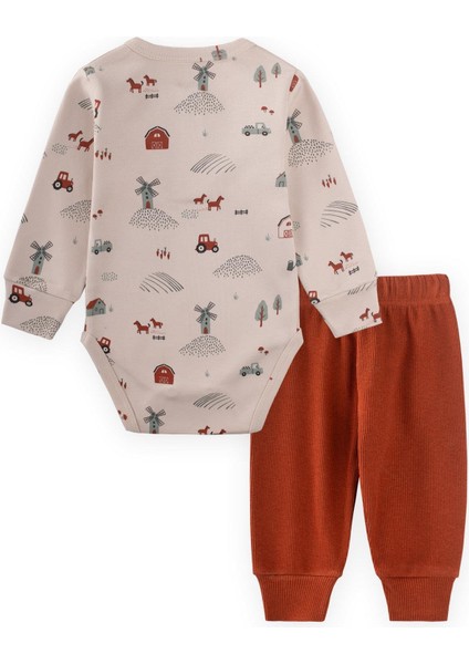 Çiftlik Desenli Zıbın Takım 0-3 Yaş Bej fiyatları
