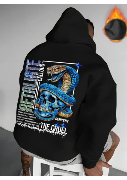 Büyük Beden Özel Tasarım Kapüşonlu Blue Kobra Sırt Baskılı %100 Pamuk Erkek Sweatshırt