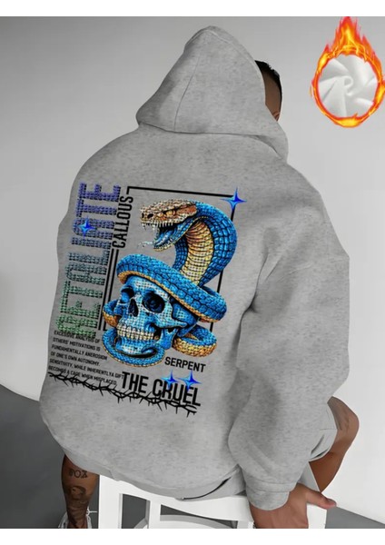 Büyük Beden Özel Tasarım Kapüşonlu Blue Kobra Sırt Baskılı %100 Pamuk Erkek Sweatshırt