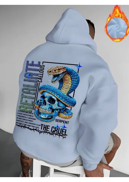 Büyük Beden Özel Tasarım Kapüşonlu Blue Kobra Sırt Baskılı %100 Pamuk Erkek Sweatshırt