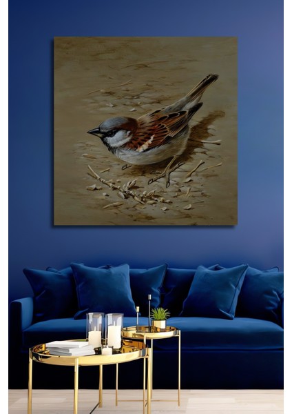 Sıradışı Çizimli Serçe Yağlı Boya Görünümlü Ahşap Dekoratif Tablo Dikdörtgen Tablo
