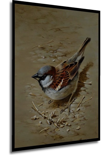 Sıradışı Çizimli Serçe Yağlı Boya Görünümlü Ahşap Dekoratif Tablo Dikdörtgen Tablo