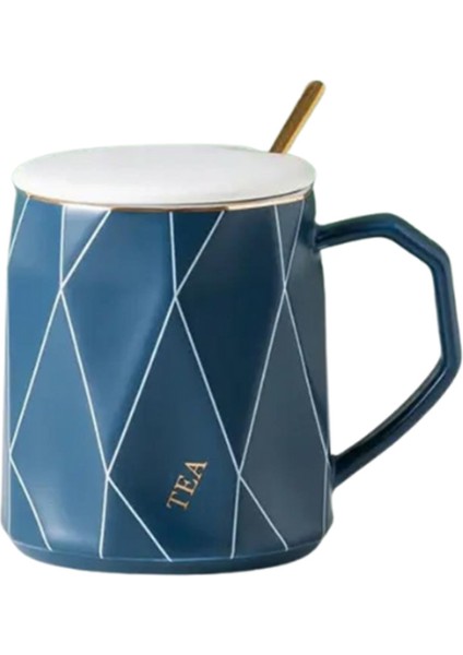 Geometrik Desenli Gold Kaşıklı Kapaklı Modern Seramik Kupa fiyatları