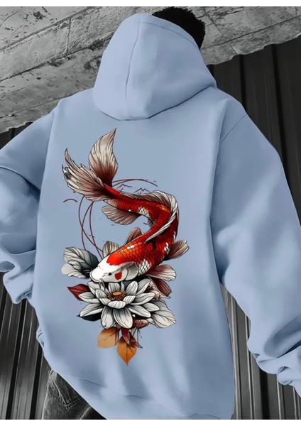 Büyük Beden Özel Tasarım Kapüşonlu Koi Balığı Sırt Baskılı %100 Pamuk Oversize Erkek Sweatshırt