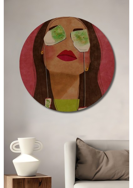 El Yapımı Tarzda Çay Poşetli Kadın Portresi Ahşap Dekoratif Tablo Yuvarlak Tablo