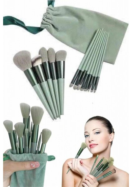 Makyaj Fırça Seti Yeşil 13 Parça Fondöten Fırçası Allık Fırçası Far Fırçası modelleri