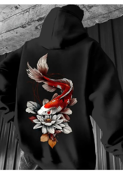 Büyük Beden Özel Tasarım Kapüşonlu Koi Balığı Sırt Baskılı %100 Pamuk Oversize Erkek Sweatshırt