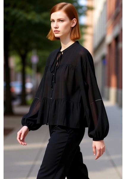 Kadın Bağlamalı V Yaka Uzun Kollu Dokuma Bluz Rahat Kesim Dokulu Kumaş Günlük Stil Estetik