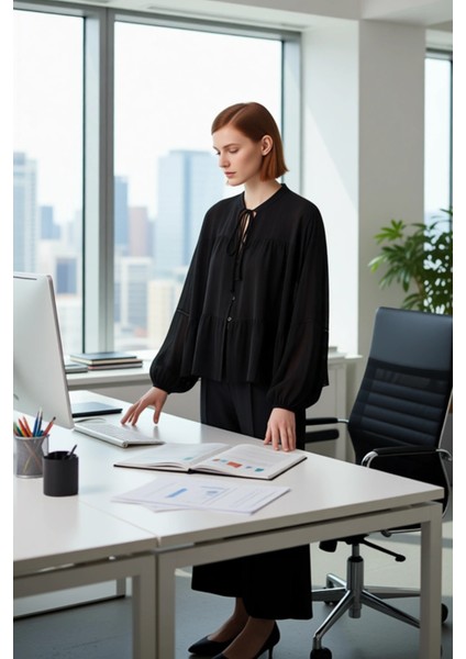 Kadın Bağlamalı V Yaka Uzun Kollu Dokuma Bluz Rahat Kesim Dokulu Kumaş Günlük Stil Estetik modelleri