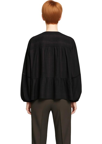 Kadın Bağlamalı V Yaka Uzun Kollu Dokuma Bluz Rahat Kesim Dokulu Kumaş Günlük Stil Estetik indirimleri