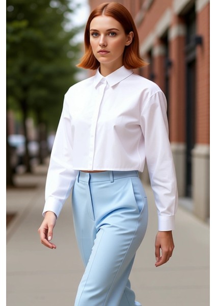 Kadın Crop Gömlek Sırt Dekolteli Keten Görünümlü Fonksiyonel Dayanıklı Kaliteli Konforlu Şık