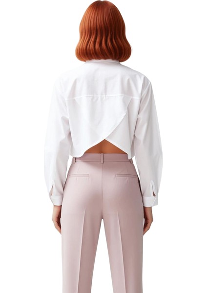 Kadın Crop Gömlek Sırt Dekolteli Keten Görünümlü Fonksiyonel Dayanıklı Kaliteli Konforlu Şık indirimleri