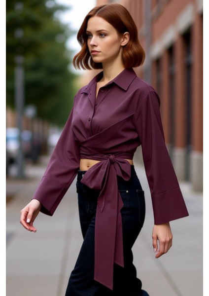 Kadın Bağlama Detaylı Crop Kesim Dokuma Gömlek Regular Kalıp Uzun Ispanyol Kollu Gömlek Yaka