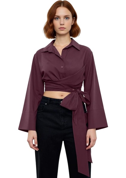 Kadın Bağlama Detaylı Crop Kesim Dokuma Gömlek Regular Kalıp Uzun Ispanyol Kollu Gömlek Yaka fırsatları