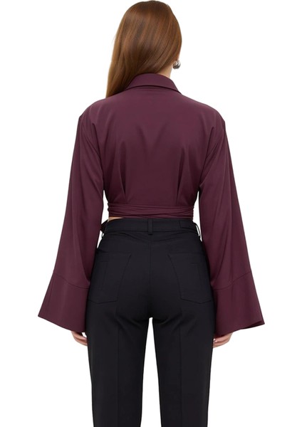 Kadın Bağlama Detaylı Crop Kesim Dokuma Gömlek Regular Kalıp Uzun Ispanyol Kollu Gömlek Yaka indirimleri