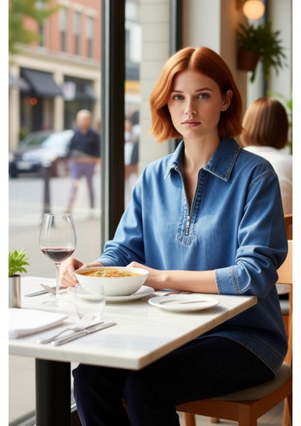 Kadın Oversize Kesim Fermuar Detaylı Uzun Kollu Düz Renk Denim Gömlek Günlük Stilin Anahtarı fiyatları