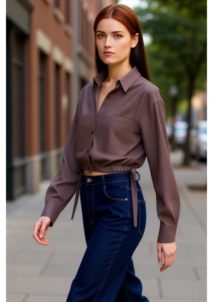 Kadın Ekoseli Büzgülü Crop Gömlek Fonksiyonel Dayanıklı Kaliteli Konforlu Estetik Premium Şık
