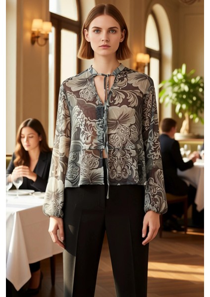 Kadın Haki Desenli Boyundan Bağlamalı Balon Kollu Gömlek Fonksiyonel Dayanıklı Kaliteli Şık