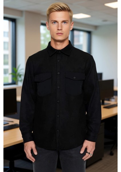 Erkek Kaşe Dokulu Regular Fit Uzun Kollu Ceket Gömlek Çift Cepli Modern ve Konforlu Tasarım fırsatları