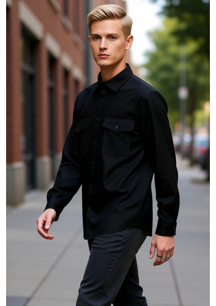 Erkek Kaşe Dokulu Regular Fit Uzun Kollu Ceket Gömlek Çift Cepli Modern ve Konforlu Tasarım indirimleri