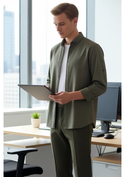 Erkek Düğmeli Yaka Keten Görünümlü Slim Fit Apolet Detaylı Uzun Kollu Pamuklu Gömlek Rahat fırsatları