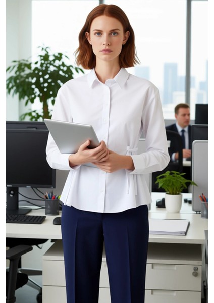 Kadın Regular Kesim Düz Dokuma Gömlek Beli Bağlama Detayları Ile Modern Bir Görünüm Sunar Şık fırsatları