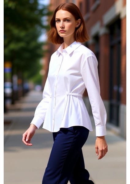 Kadın Regular Kesim Düz Dokuma Gömlek Beli Bağlama Detayları Ile Modern Bir Görünüm Sunar Şık indirimleri