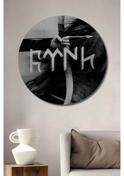 Ahşap Dekoratif Tablo Türkün Gücü Kara Kalem Görünümlü Sanat Eseri Yuvarlak Tablo