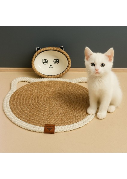 Pet - Hasır Görünümlü Kedi Paspası ve Mama Kabı - Leke Tutmaz