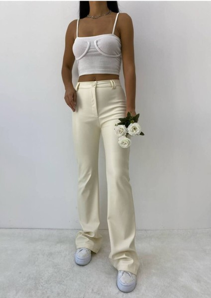 Kadın Krem Ispanyol Paça Deri Pantolon -10901 modelleri