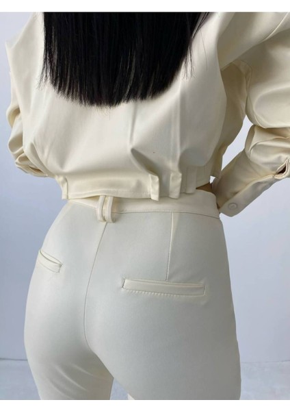 Kadın Krem Ispanyol Paça Deri Pantolon -10901 fırsatları
