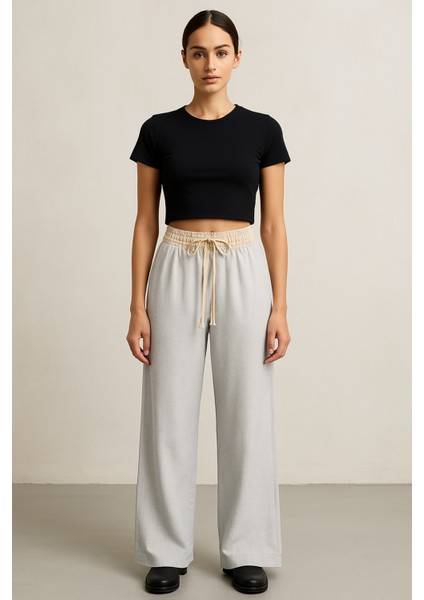 Kadın Gri Beli Şerit Lastikli Pantolon - 10818