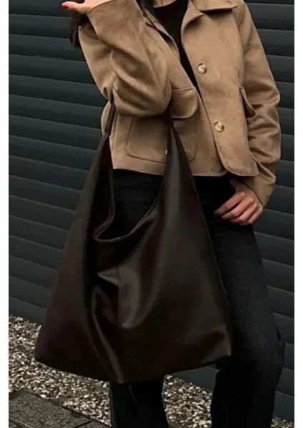 Büyük Boy Salaş Suni Deri Aci Kahve Kadın El Kol Omuz Çantası