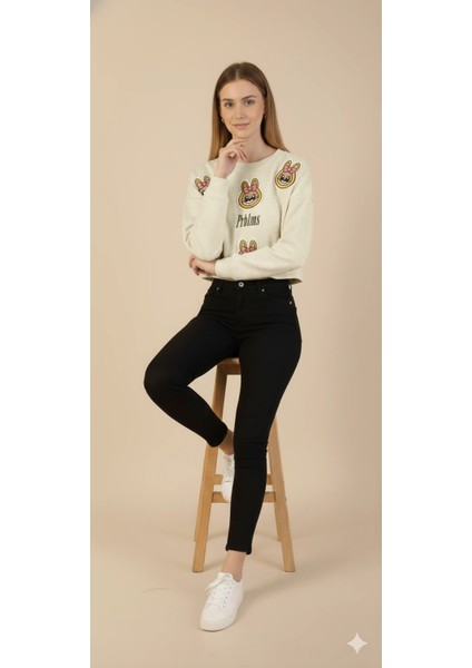 Kadın Labubu Karakter Yama Detaylı Crop Sweat Bisiklet Yaka Uzun Kollu Kısa Sweat fiyatları