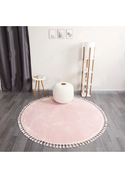Cloudy Pembe Yuvarlak Saçaklı Peluş Halı Yumuşacık Yıkanabilir Kaymaz Taban Halı Salon Oturma Odası