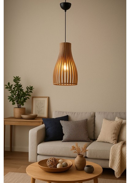 Portofino Yuvarlak Modern Klasik Rustik Retro Vintage Naturel Dekoratif Ahşap Çıtalı Sarkıt Avize