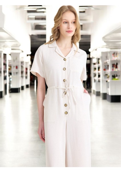 Yazlık Rahat Kısa Kollu Keten Tulum